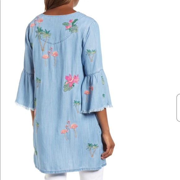 Flamingo Embroidered Chambray Kimono - Picture 2 of 5